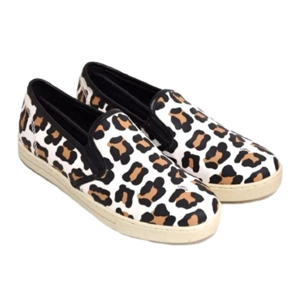 Coach Leopard Print Slip-On Sneakers in White, Black & Tan